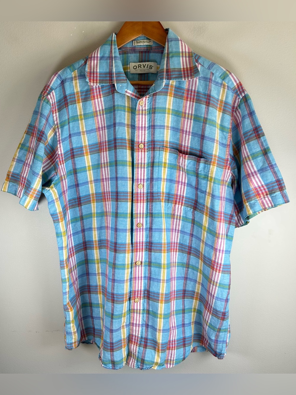 Orvis Men's Button Up Shirt Size L Multicolor Plaid Linen Cotton Blend Pocket